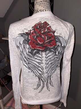 Sinful by Affliction White Burnout Long Sleeve V-Neck Shirt Rose Wings Rhineston